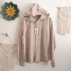 Reverb Tan and Cream Stripe Hooded Casual Button Down Shirt Size Medium NWT